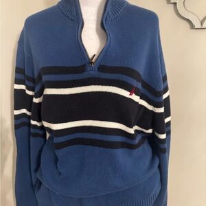 Nautica Blue Navy White Striped Zip Pullover Sweater